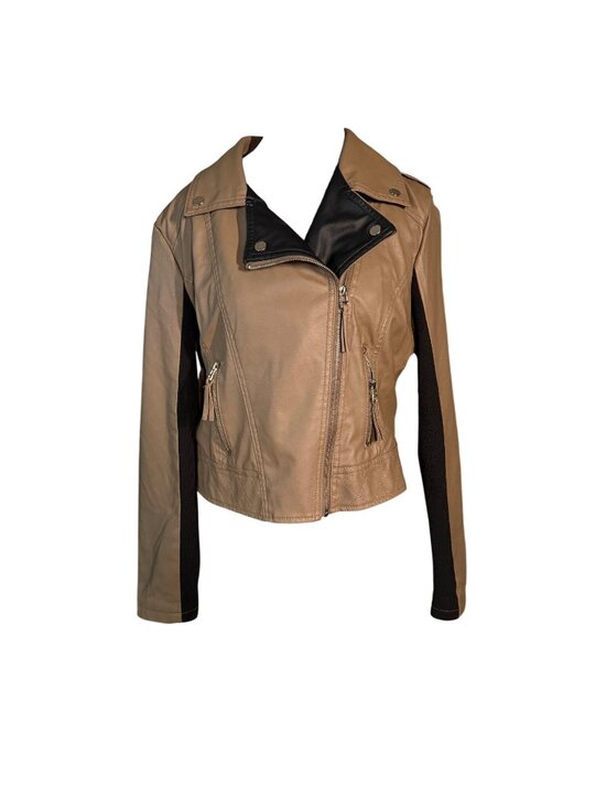 New Look Jackets & Blazers - New Look Womens Tan Faux Leather Moto Jacket With Black Panels Size XL